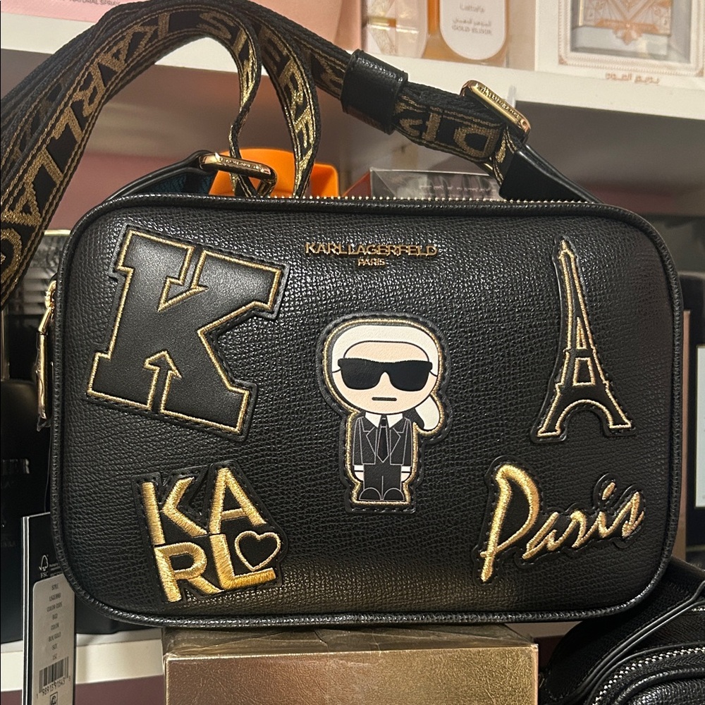 Karl Lagerfeld Black Crossbody with Gold Logo Strap